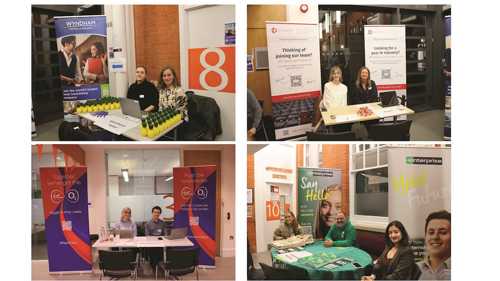 A splitscreen image showing photographs of representatives from various companies sitting at tables before the Speed Recruitment Event started