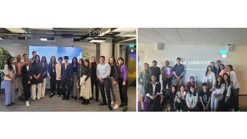 two photos arranged next to each other showing Postgraduate students posing on site visits to different companies on their study trip